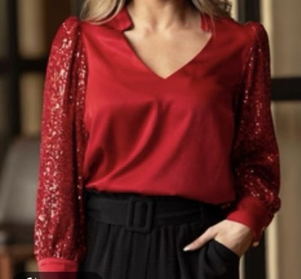 NWT Michelle McDowell Holly Red Sequin Blouse Holiday Top Size Medium MSRP $70